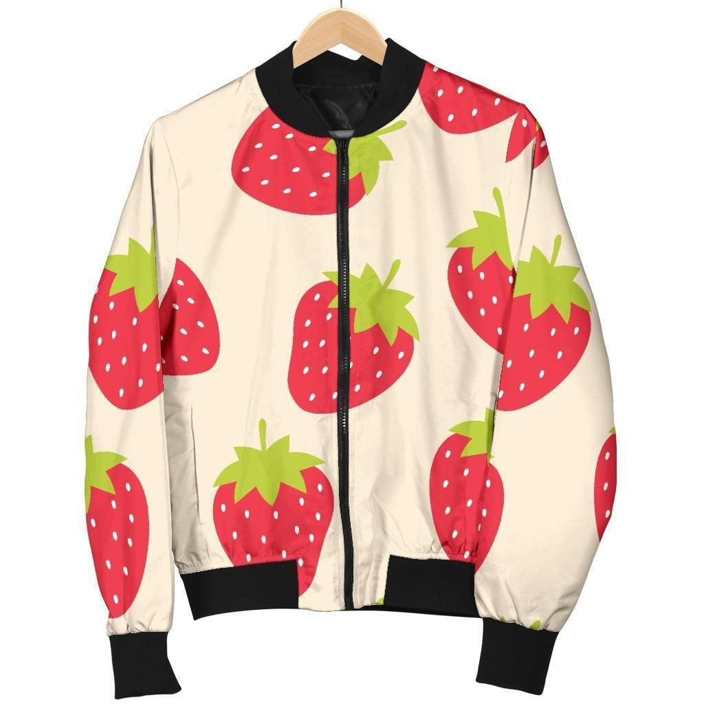 Strawberry Pattern Light Yellow 3d Printed Bomber Jacket