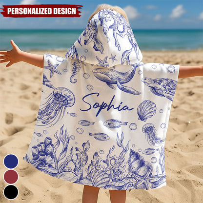 Under The Sea Toile De Jouy - Personalized Kids Hooded Towel