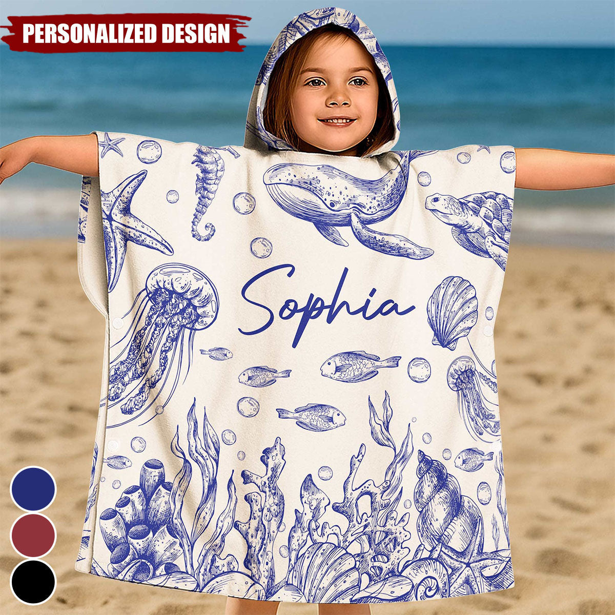 Under The Sea Toile De Jouy - Personalized Kids Hooded Towel