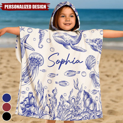 Under The Sea Toile De Jouy - Personalized Kids Hooded Towel