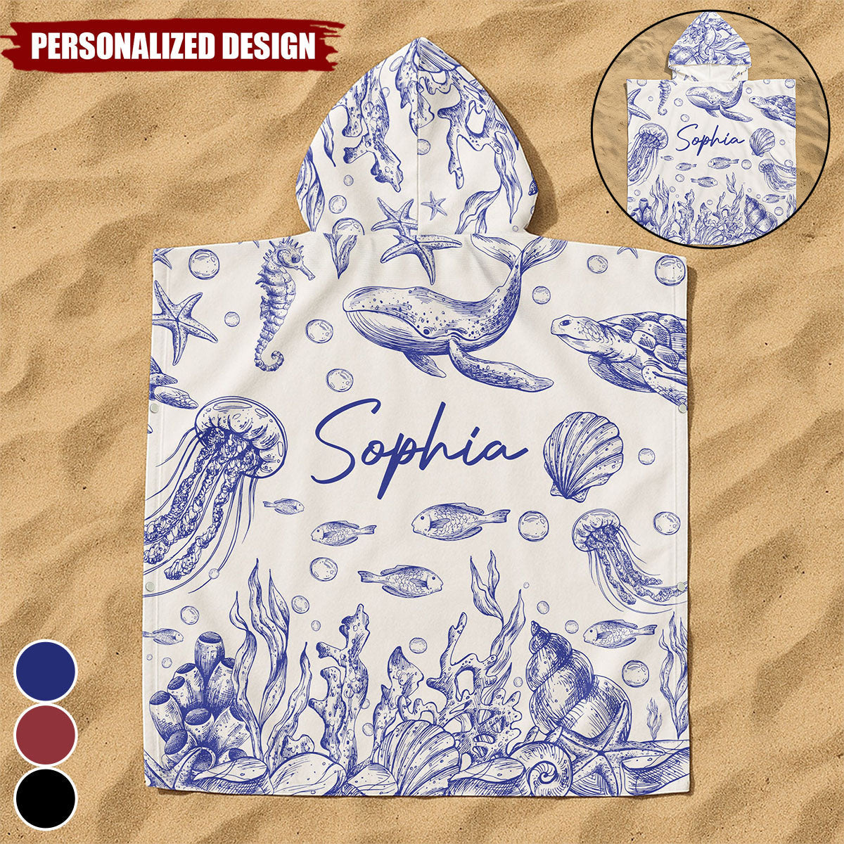Under The Sea Toile De Jouy - Personalized Kids Hooded Towel