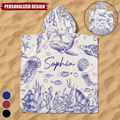 Under The Sea Toile De Jouy - Personalized Kids Hooded Towel