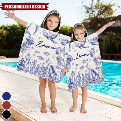 Under The Sea Toile De Jouy - Personalized Kids Hooded Towel