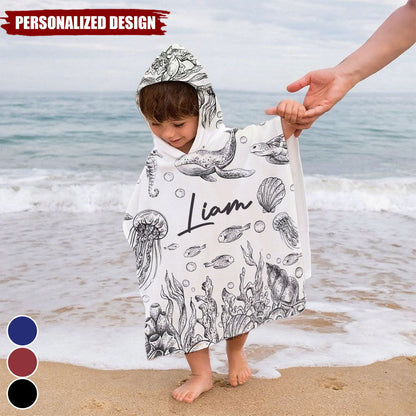 Under The Sea Toile De Jouy - Personalized Kids Hooded Towel