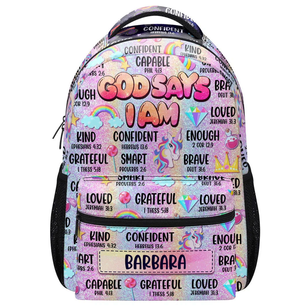 Adorable God Says I Am - Personalized School Backpack - Gift For Kids