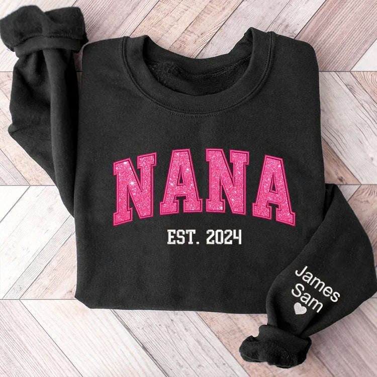 Custom Nana Pink Glitter Embroidered And Kids Sweatshirt