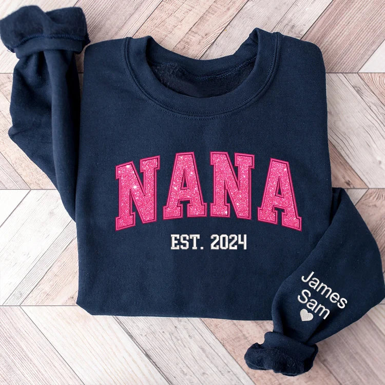 Custom Nana Pink Glitter Embroidered And Kids Sweatshirt