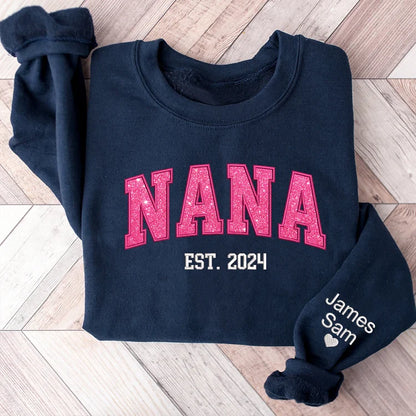 Custom Nana Pink Glitter Embroidered And Kids Sweatshirt