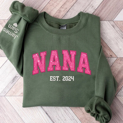 Custom Nana Pink Glitter Embroidered And Kids Sweatshirt