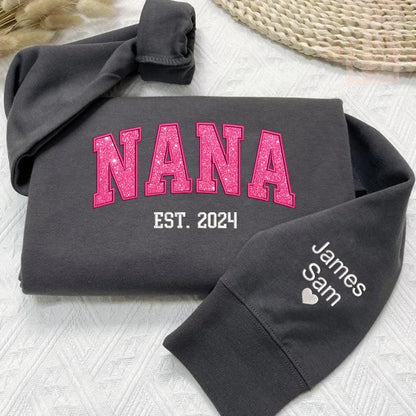 Custom Nana Pink Glitter Embroidered And Kids Sweatshirt