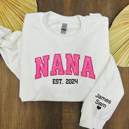 Custom Nana Pink Glitter Embroidered And Kids Sweatshirt