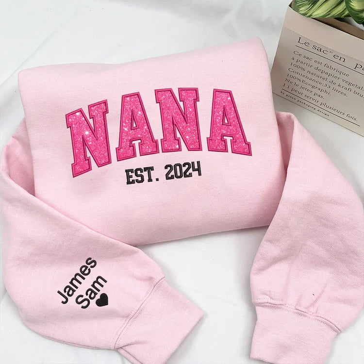 Custom Nana Pink Glitter Embroidered And Kids Sweatshirt