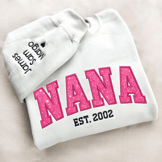 Custom Nana Pink Glitter Embroidered And Kids Sweatshirt
