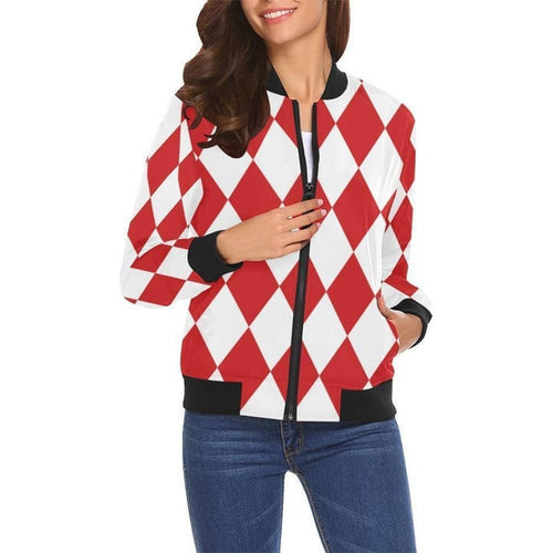 Harlequin Red And White Print Women Casual Bomber Jacket