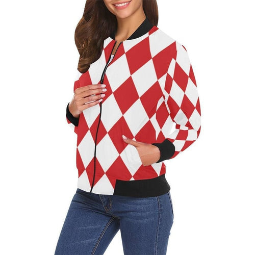 Harlequin Red And White Print Women Casual Bomber Jacket