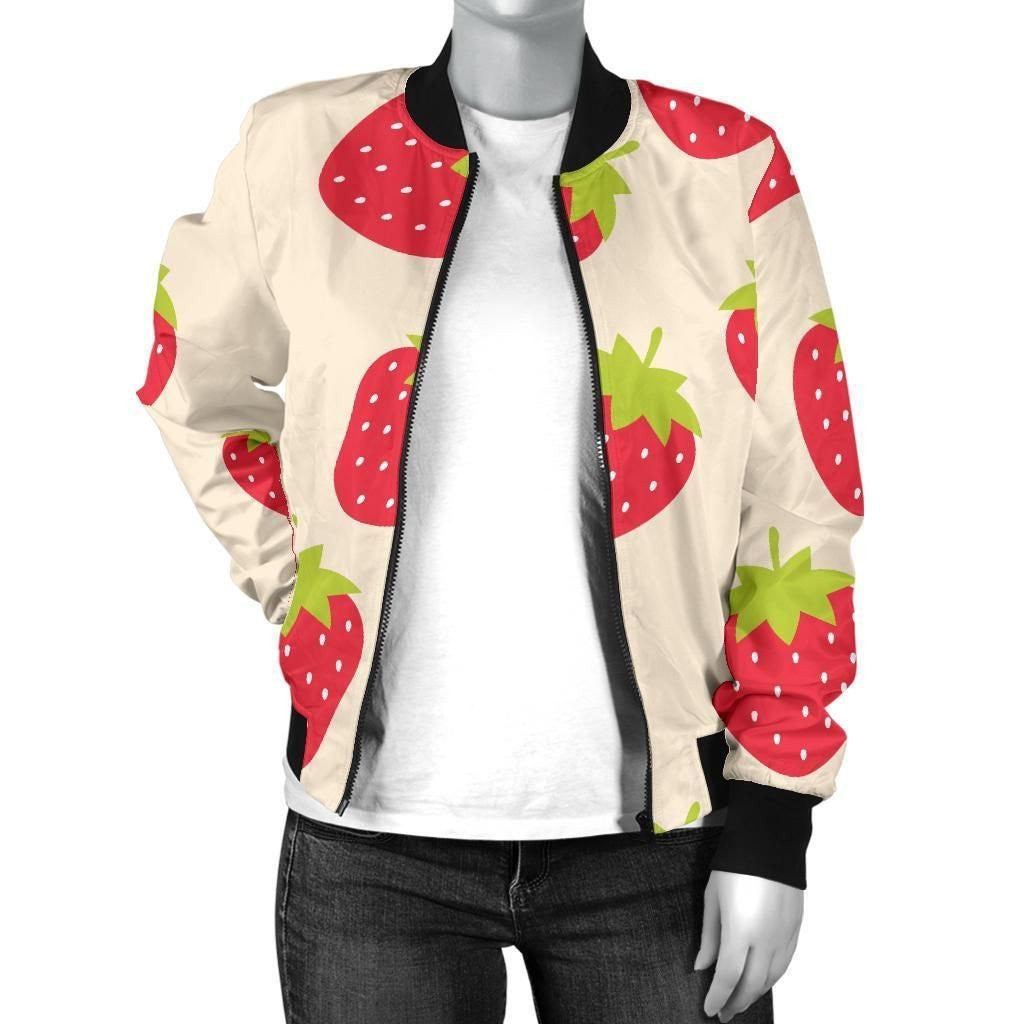 Strawberry Pattern Light Yellow 3d Printed Bomber Jacket
