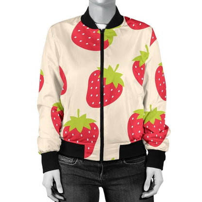Strawberry Pattern Light Yellow 3d Printed Bomber Jacket