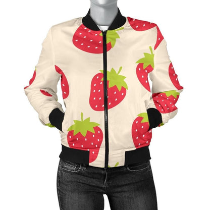 Strawberry Pattern Light Yellow 3d Printed Bomber Jacket