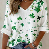 Women's casual St. Patrick's Day waffle-knit long-sleeved T-shirt