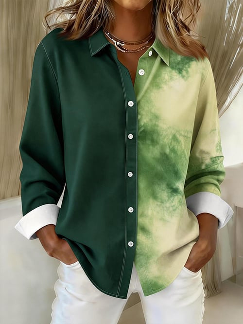 Women's Casual Lapel Color-Block Printed Long-Sleeved Shirt