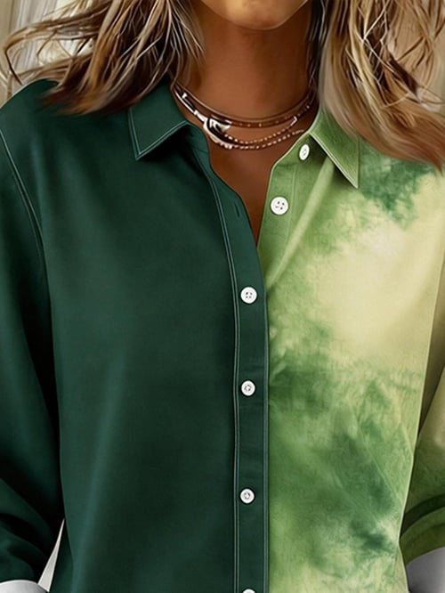Women's Casual Lapel Color-Block Printed Long-Sleeved Shirt