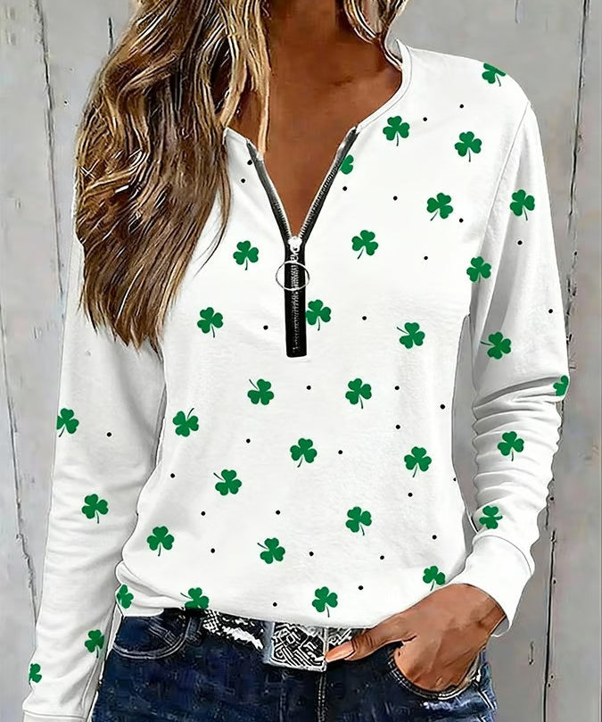 Women's offline St. Patrick's Day clover zip-up sweatshirt
