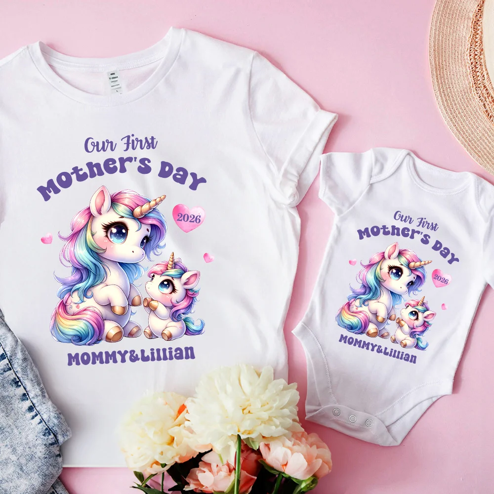 Personalized Cute Bear Bunny Fantasy Unicorn 100% Cotton Baby Bodysuit T-shirt Matching Outfit with Name First Mother's Day Gift for Newborn New Mom