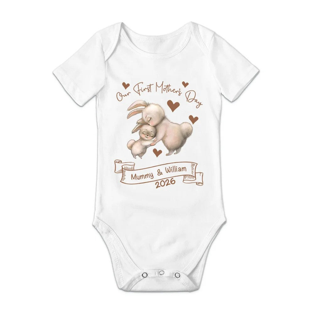 Personalized Cute Bear Bunny Fantasy Unicorn 100% Cotton Baby Bodysuit T-shirt Matching Outfit with Name First Mother's Day Gift for Newborn New Mom