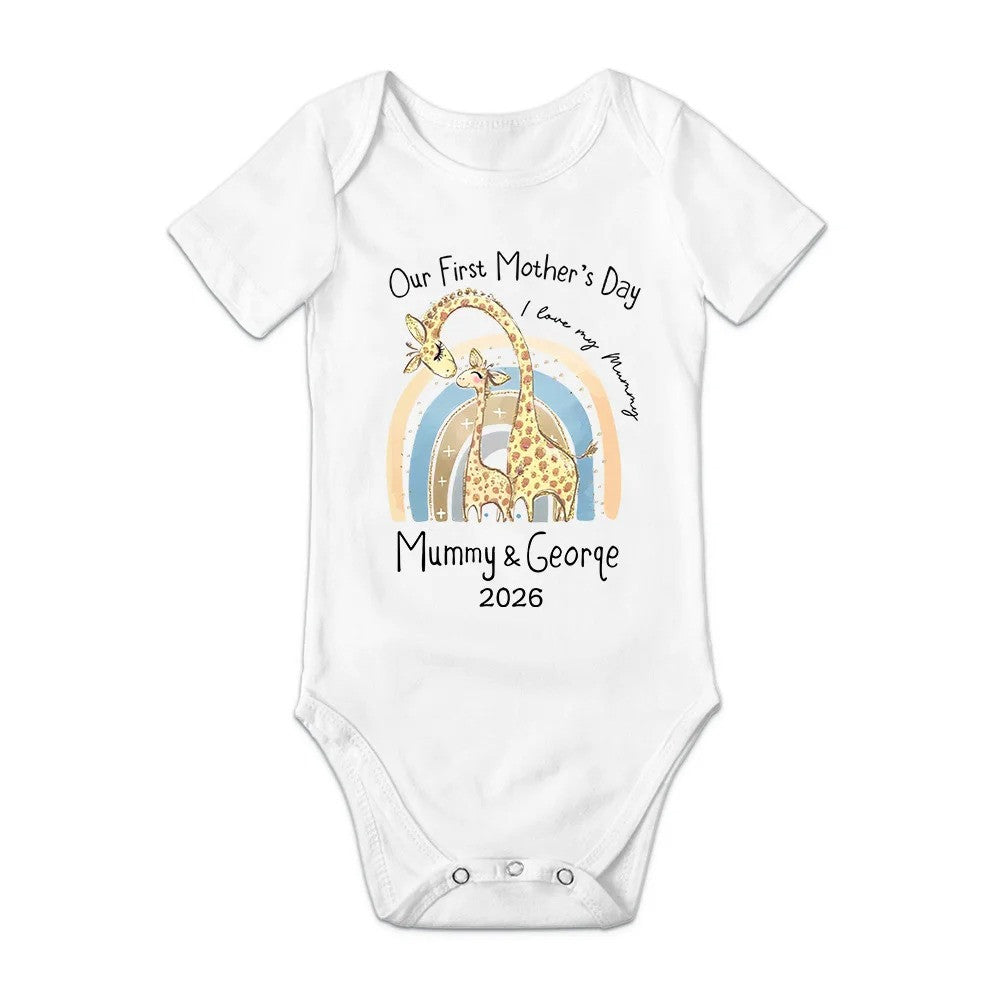 Personalized Cute Bear Bunny Fantasy Unicorn 100% Cotton Baby Bodysuit T-shirt Matching Outfit with Name First Mother's Day Gift for Newborn New Mom
