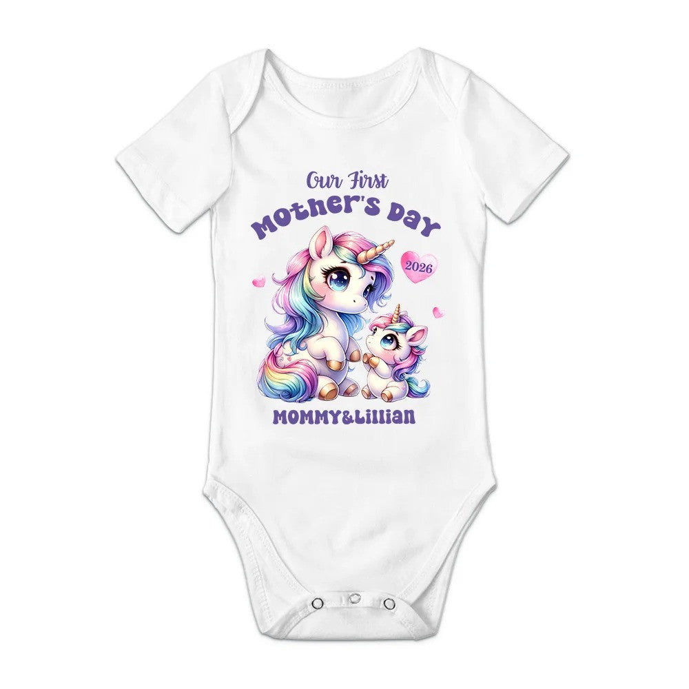 Personalized Cute Bear Bunny Fantasy Unicorn 100% Cotton Baby Bodysuit T-shirt Matching Outfit with Name First Mother's Day Gift for Newborn New Mom