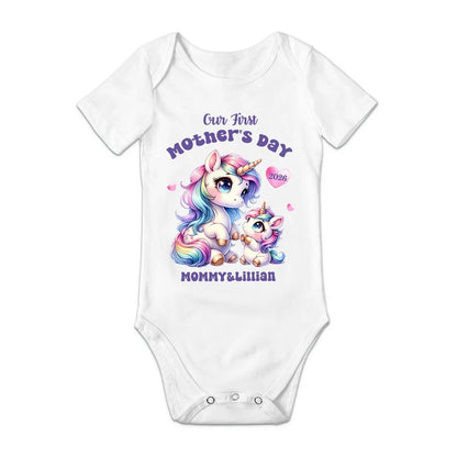 Personalized Cute Bear Bunny Fantasy Unicorn 100% Cotton Baby Bodysuit T-shirt Matching Outfit with Name First Mother's Day Gift for Newborn New Mom