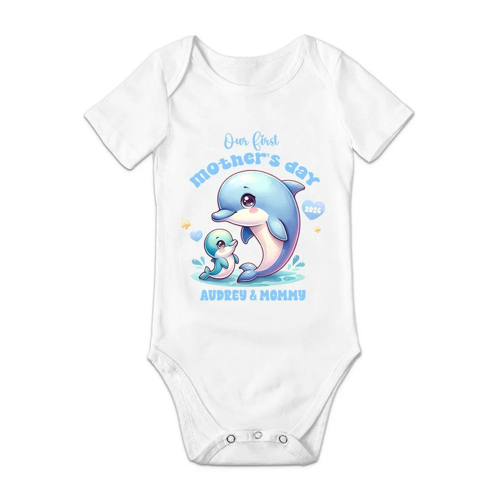 Personalized Cute Bear Bunny Fantasy Unicorn 100% Cotton Baby Bodysuit T-shirt Matching Outfit with Name First Mother's Day Gift for Newborn New Mom