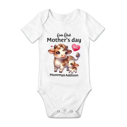 Personalized Cute Bear Bunny Fantasy Unicorn 100% Cotton Baby Bodysuit T-shirt Matching Outfit with Name First Mother's Day Gift for Newborn New Mom