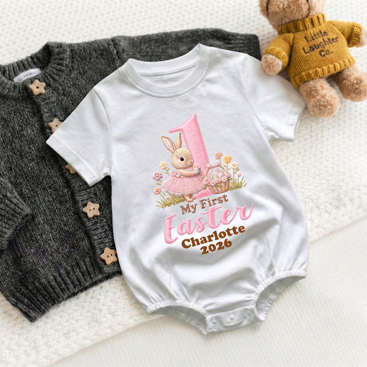 Happy Easter Premium Cotton T-Shirt Bubble Romper - Personalized Baby One-Piece