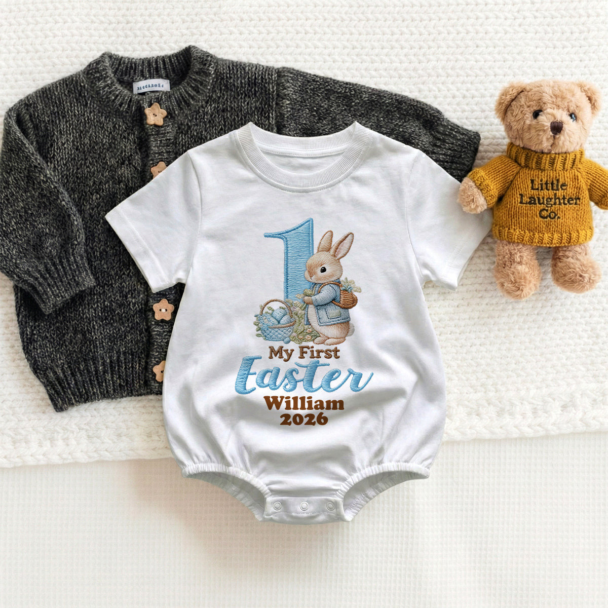 Happy Easter Premium Cotton T-Shirt Bubble Romper - Personalized Baby One-Piece
