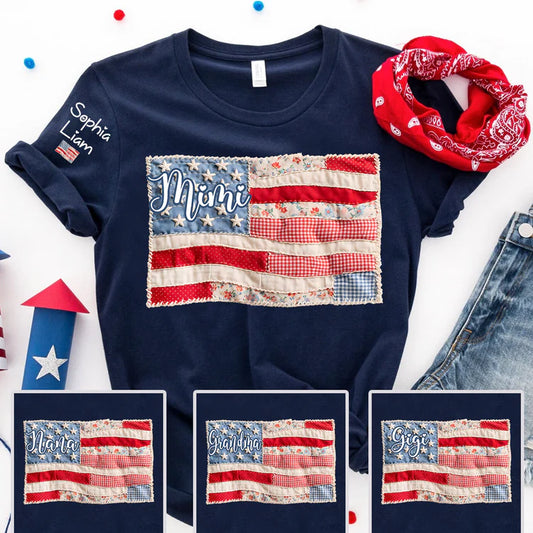 Mimi Shirt with Kids Names Patriotic Patchwork American Flag Design Custom Family Tee