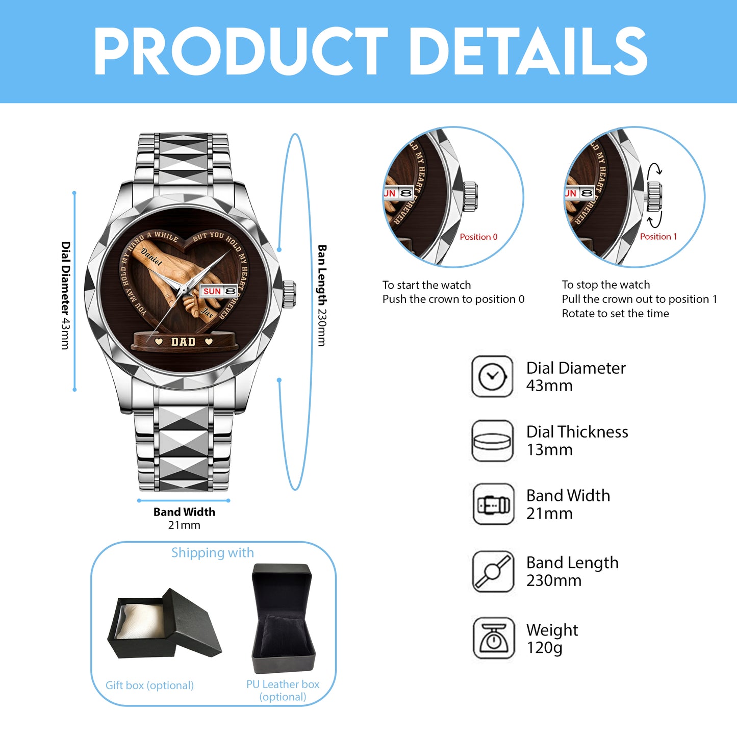 Father's Day Birthday Gifts For Dad, Grandpa - Crafted With Love - Personalized Men's Wrist Watch