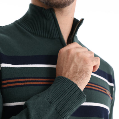 Cotton Knit Striped Half Zip Knitwear