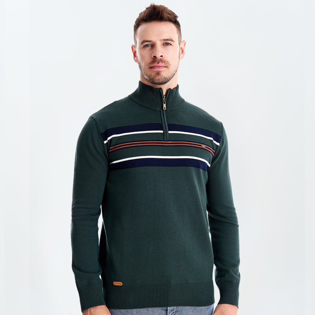 Cotton Knit Striped Half Zip Knitwear