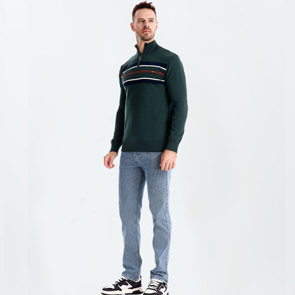 Cotton Knit Striped Half Zip Knitwear