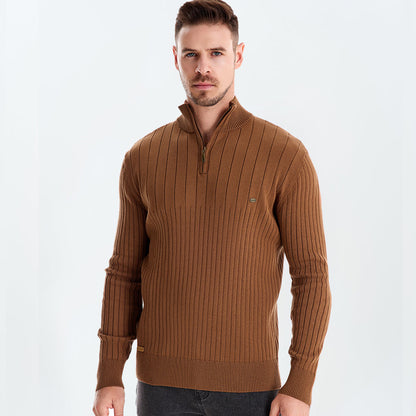 Cotton Knit Vertical Stripes Half Zip Knitwear