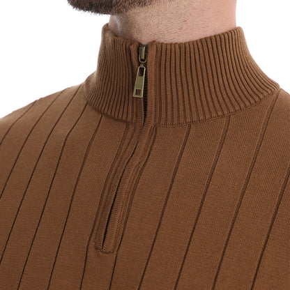 Cotton Knit Vertical Stripes Half Zip Knitwear