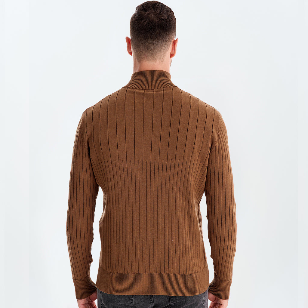 Cotton Knit Vertical Stripes Half Zip Knitwear