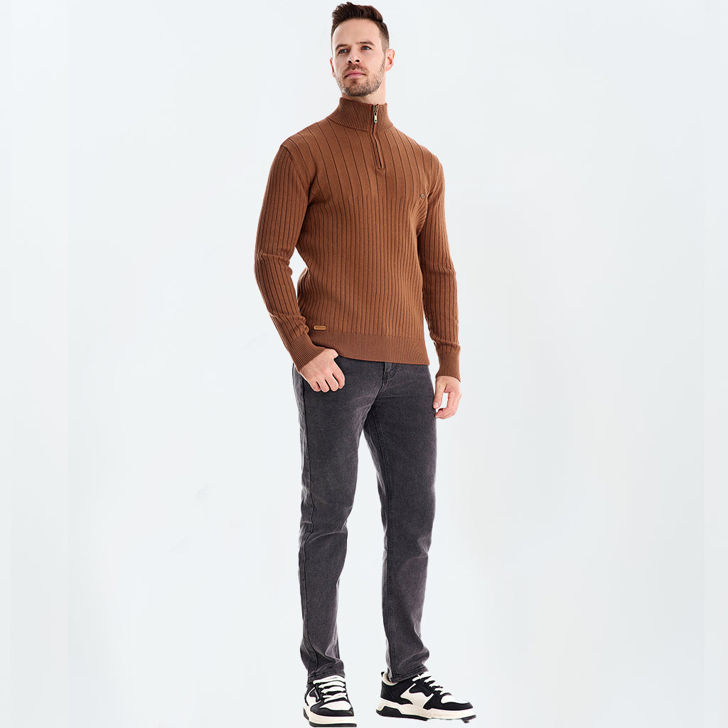 Cotton Knit Vertical Stripes Half Zip Knitwear