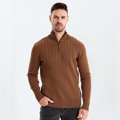 Cotton Knit Vertical Stripes Half Zip Knitwear