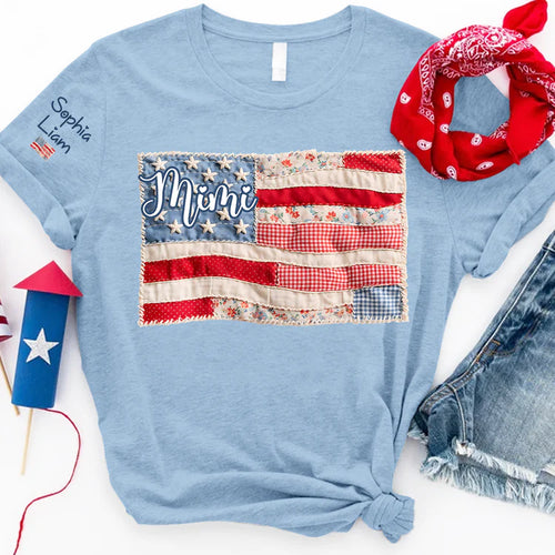 Mimi Shirt with Kids Names Patriotic Patchwork American Flag Design Custom Family Tee