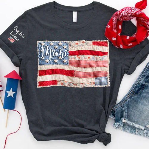 Mimi Shirt with Kids Names Patriotic Patchwork American Flag Design Custom Family Tee