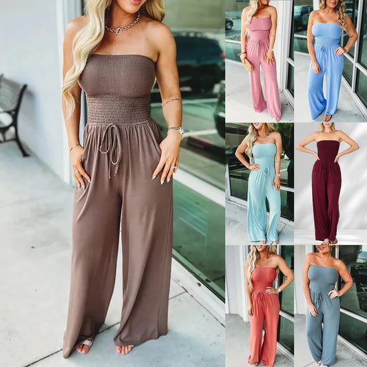 Off Shoulder Solid Color Smocked Jumpsuit