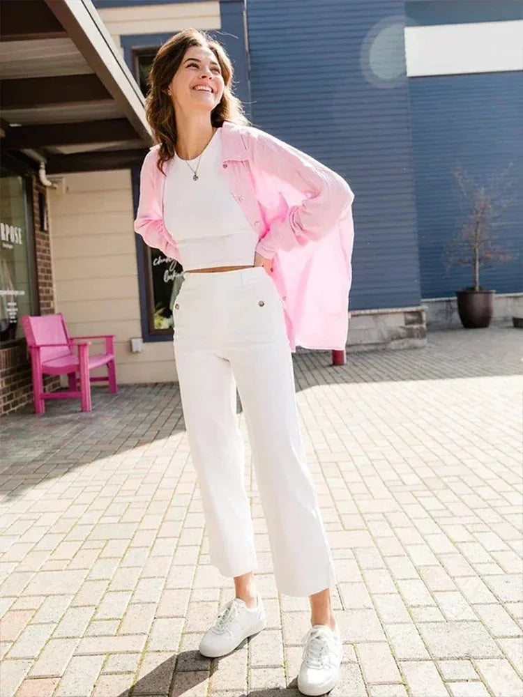 Tummy Control Twill Cropped Wide Leg Pant