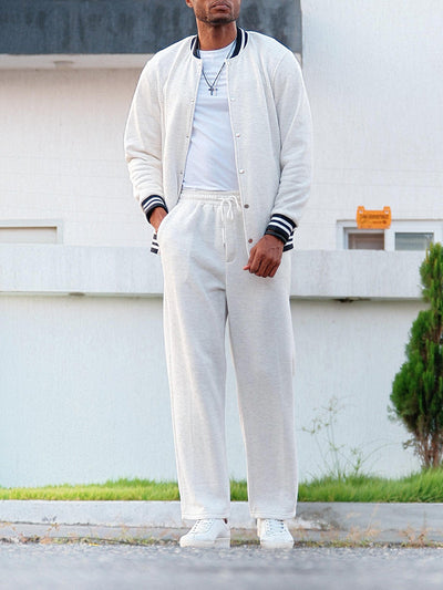 Coofandy Men's Classic Striped Trim Jacket Pants Set Casual Gray White